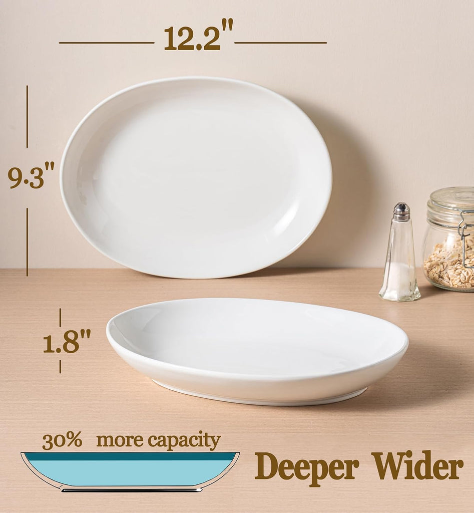 12 Inch Oval Serving Platters Set of 3, White Ceramic Serving Platters for Serving Food, Deep Porcelain Oval Platter