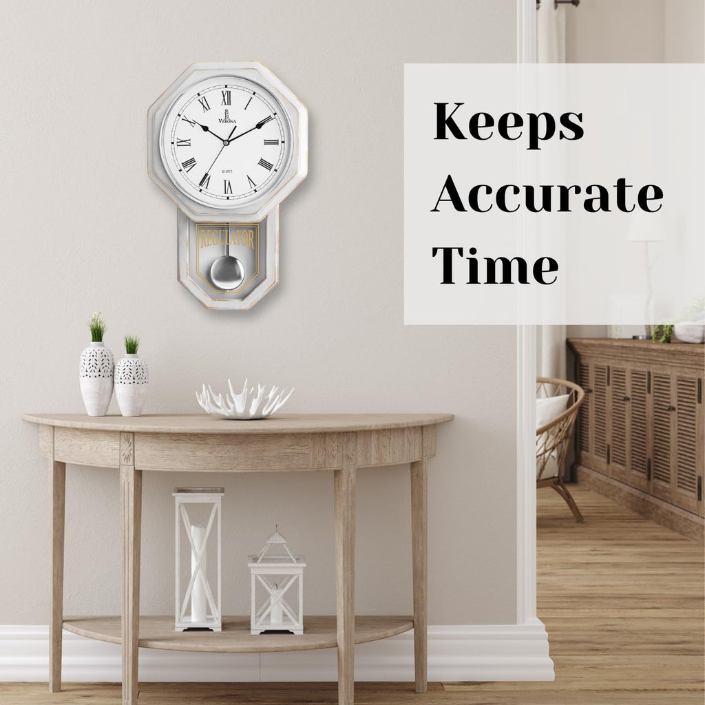 Pendulum Wall Clock, Real Wood Regulator Clock, White, Quiet Non-Chiming