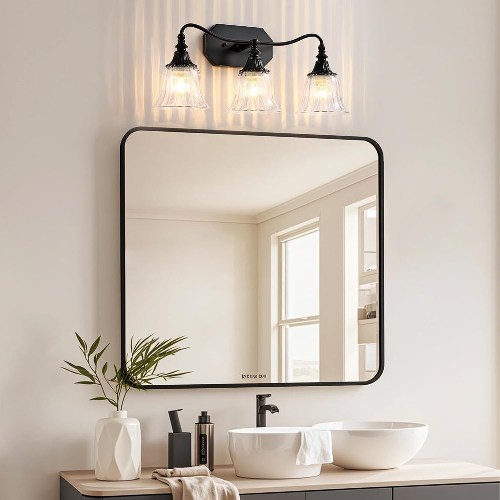 3-Light Bathroom Vanity Light, Matte Black with Crystal Glass Shade | Metal Material,Mounted Over Mirror, Easy To