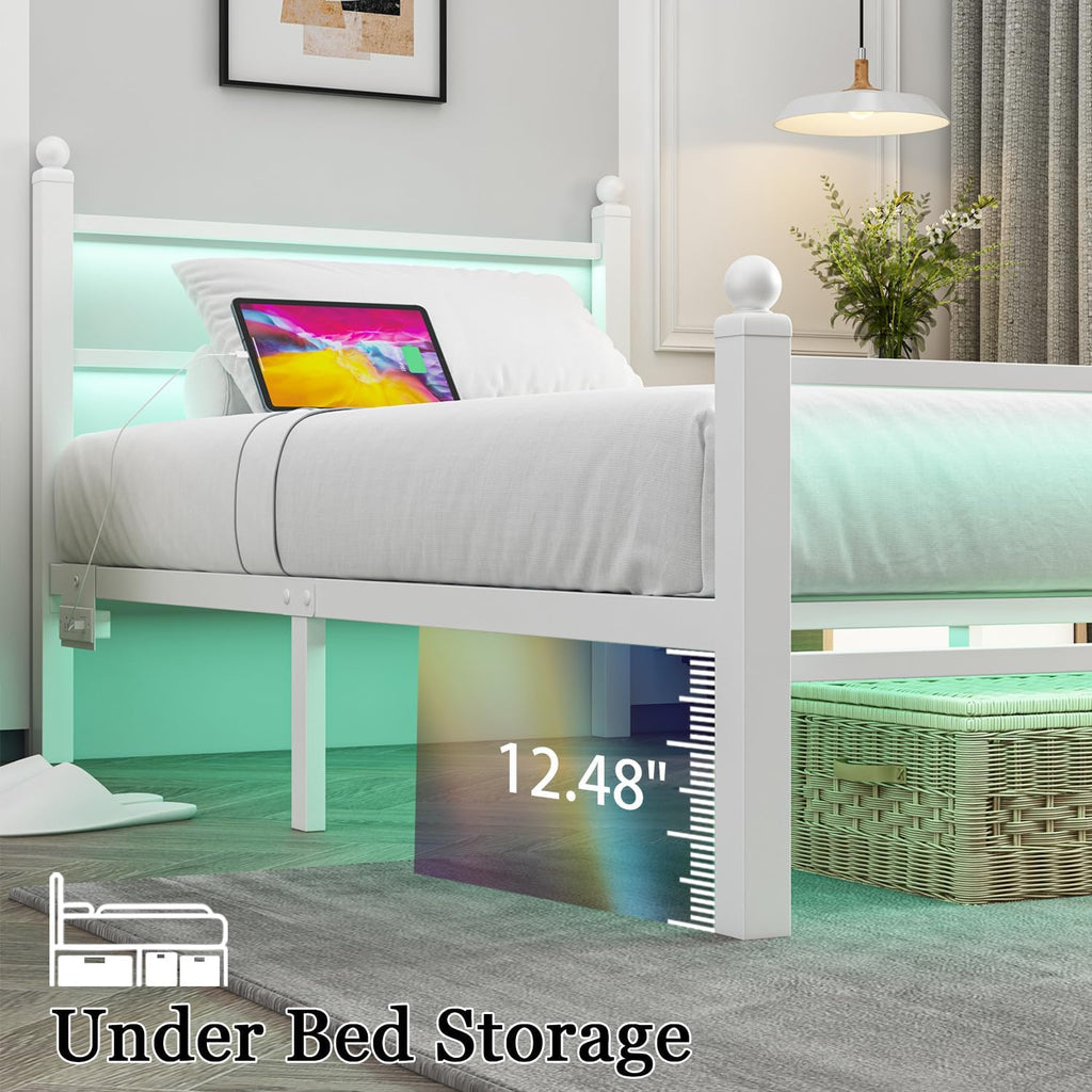 Twin Size Bed Frames with Charging Ports&LED Lights,Heavy Duty Metal Slats Support,No Box Spring Needed,Noise Free,No
