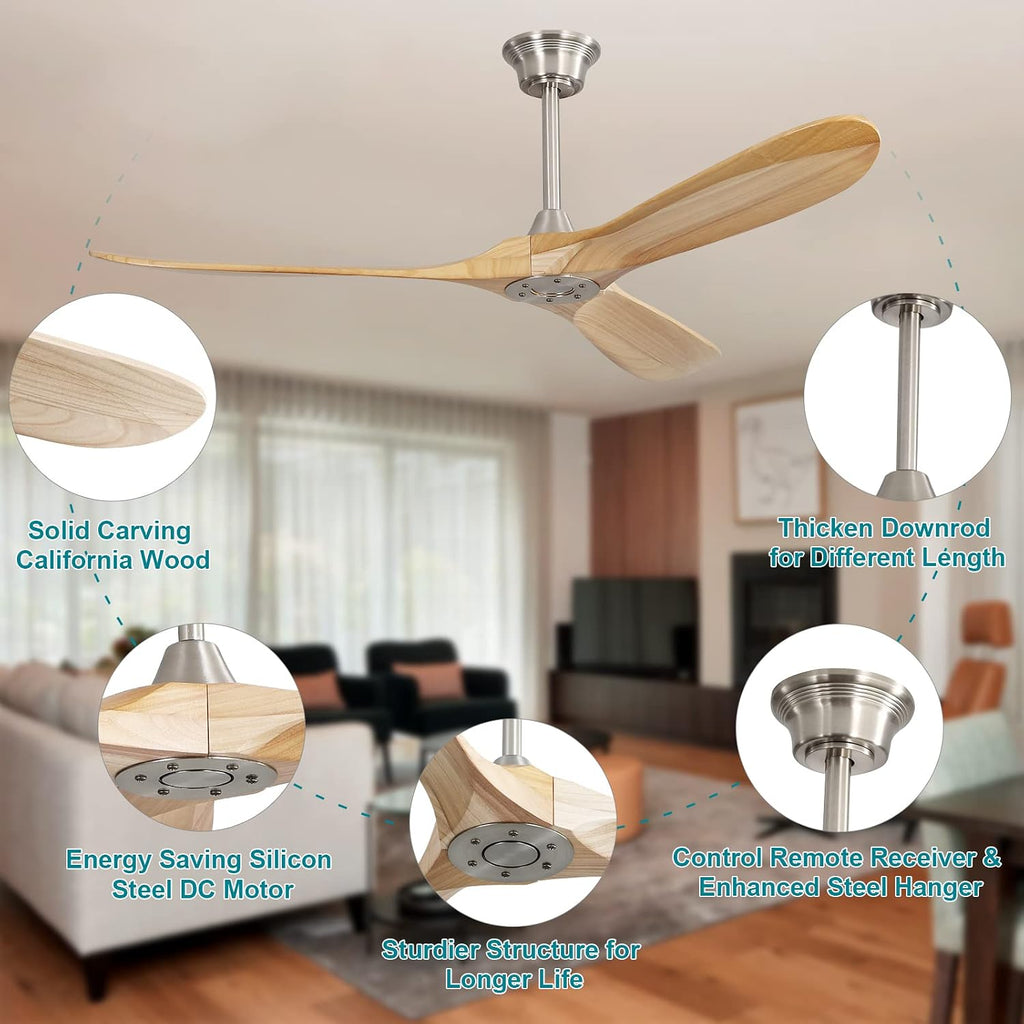 60 Inch Ceiling Fan no Light, Modern Wood Large Ceiling Fan with Remote and 3 Brushed Nickel Downrods