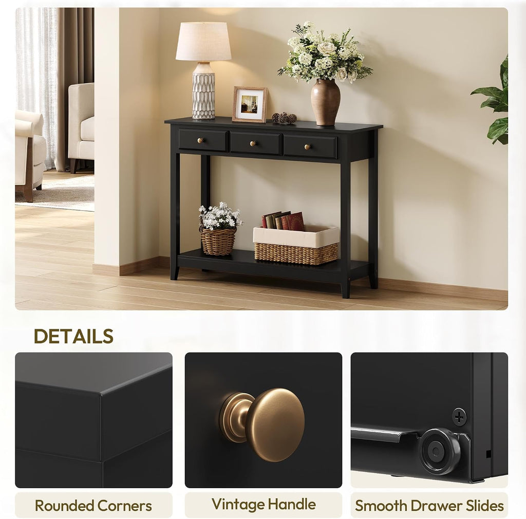 Console Table with 3 Drawers, Wood Entryway Table with Storage Shelf, Sofa Tables Narrow Long , Foyer, Black