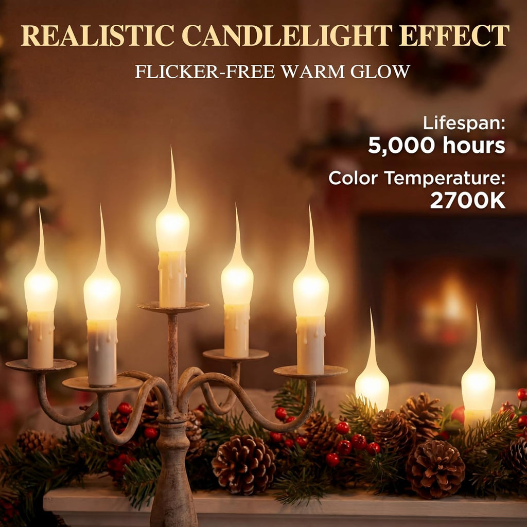 6 Pack Mini Silicone Dipped Candle Light Bulbs, 3 Watt E12 Candelabra Base, 2700K Warm Yellow Flame Tip Decorative