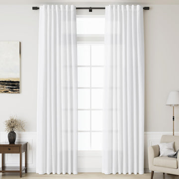 Linen White Curtains 132 inches Long Back Tab Light Filtering Semi Sheer White Drapes Extra Long High Ceiling