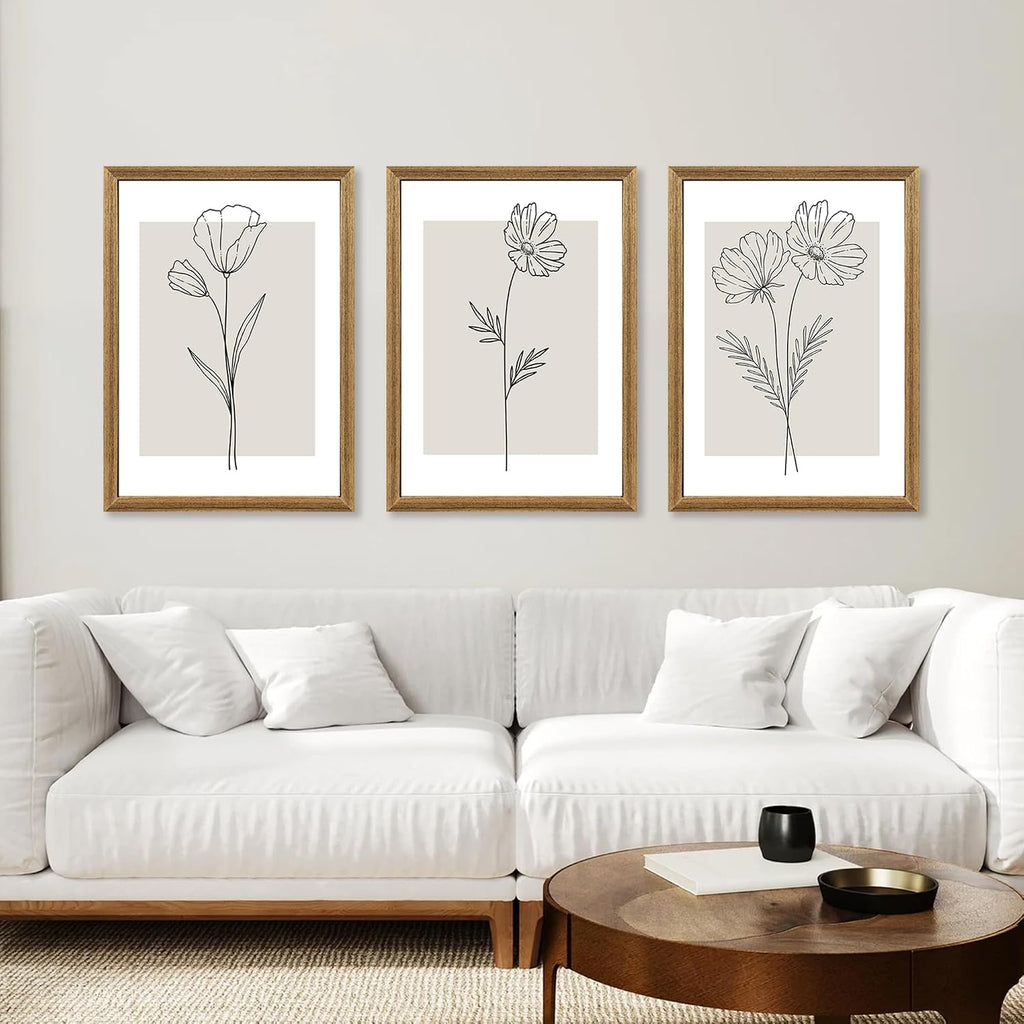 Neutral Botanical Floral Wall Art, Black and White Farmhouse Flowers Wall Decor, Modern Minimalist Line Art Canvas