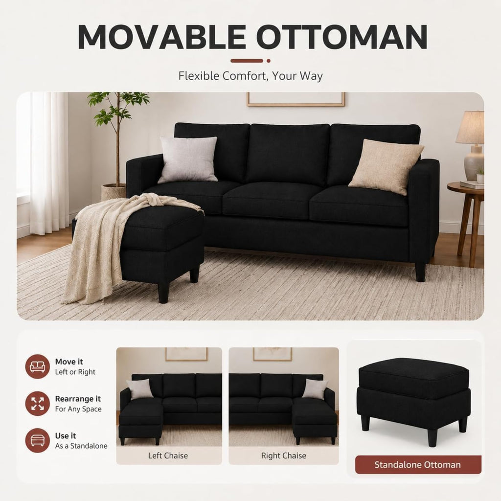 73.6" L-Shaped Small Sectional Couch with Ottoman, Black