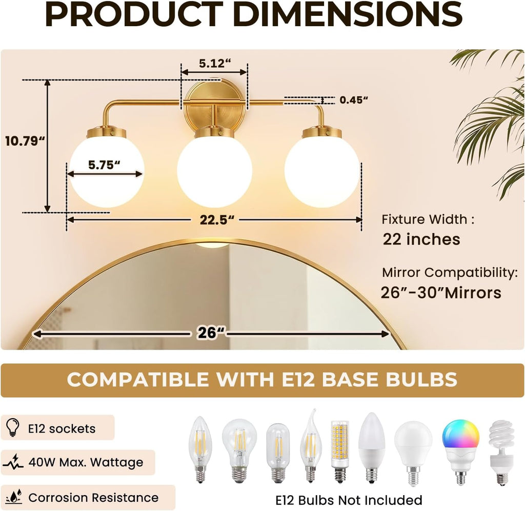 Modern Brushed Gold Vanity Lights , Mid Century 3 Light Bathroom Vanity Light with Globe Milky White Glass Shade Over