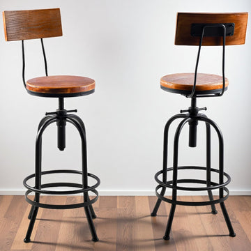 Industrial Bar Stool-26-32 Inch Adjustable Swivel Round Wood Metal Kitchen Stool Rustic Farmhouse Counter Height