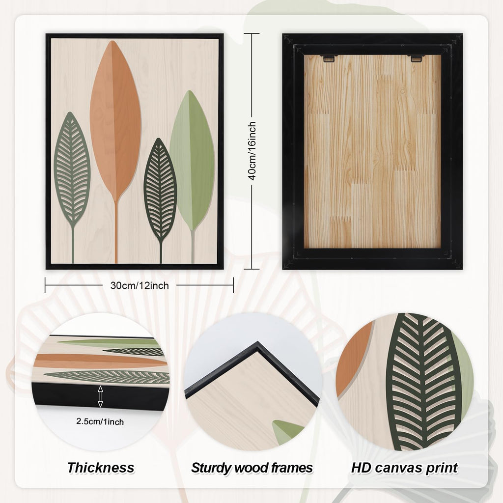 Framed Botanical Wall Art Leaf Art Pieces Zen Canvas Wall Art Set of 3(12"X16") Boho Bedroom Wall Decor Sage Green