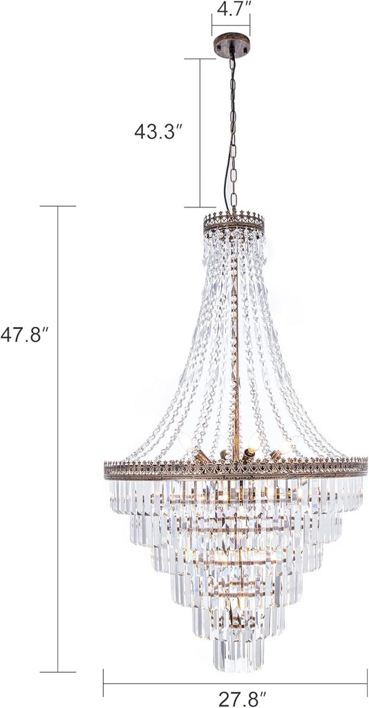 French Empire Crystal Chandelier Modern Farmhouse Chandelier Ceiling Light for Foyer Entryway High Ceiling, Vintage Antique Bronze Chandelier Light Fixture for Dining Living Room 28" W x 48" H