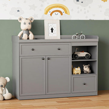 Wide Baby Changing Table Dresser with 2 Doors, 2 Different Size Drawers &Storage Cubbies, Durable Wood Construction