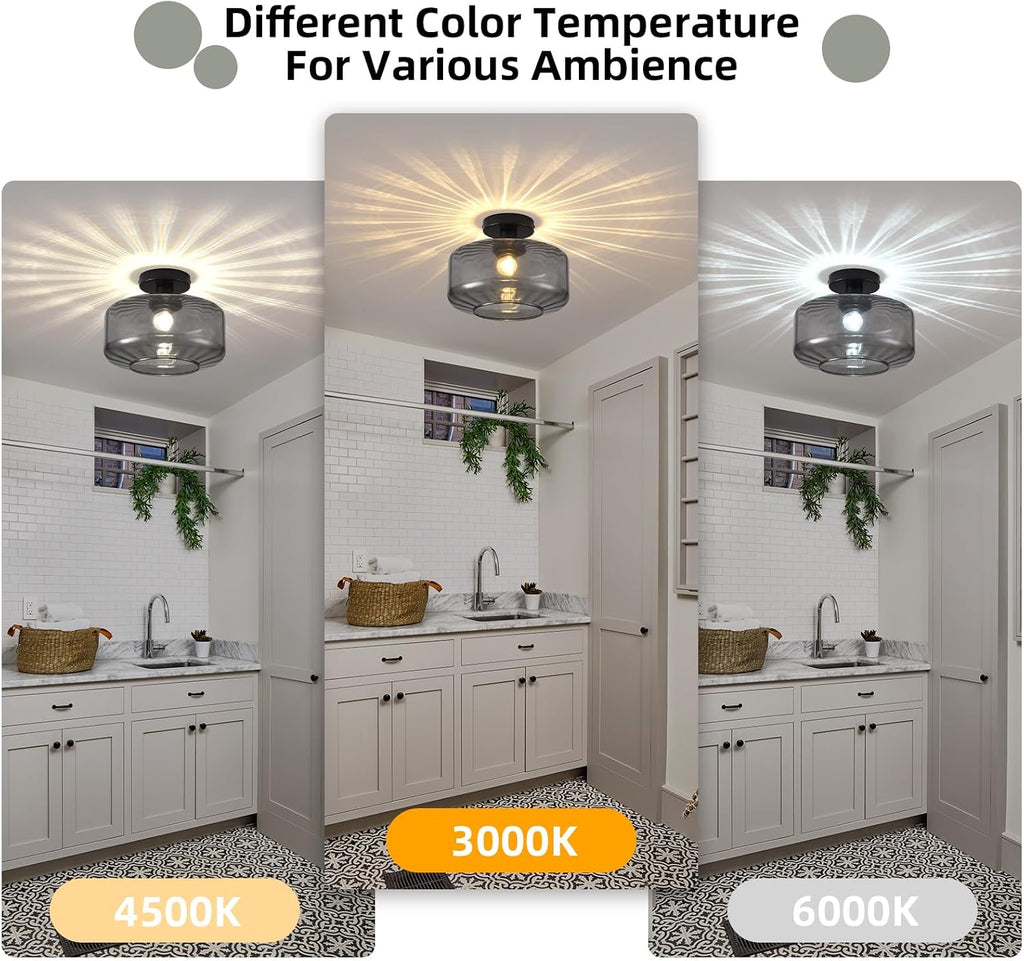 Glass Semi Flush Mount Ceiling Light, Modern Close to Ceiling Light Fixtures with Smoke Grey Glass Shade, Light