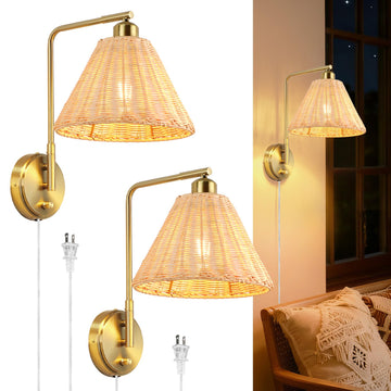 Plug in Rattan Wall Sconce Set of 2, Boho Woven Brown Wall Lamps with Gold Arm, Dimmable Switch Light Fixture, Rustic