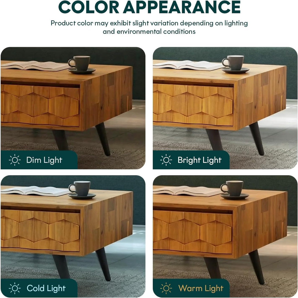 Georgina Solid Wood Coffee Table, 2 Drawers & Open Shelves, Teak Brown