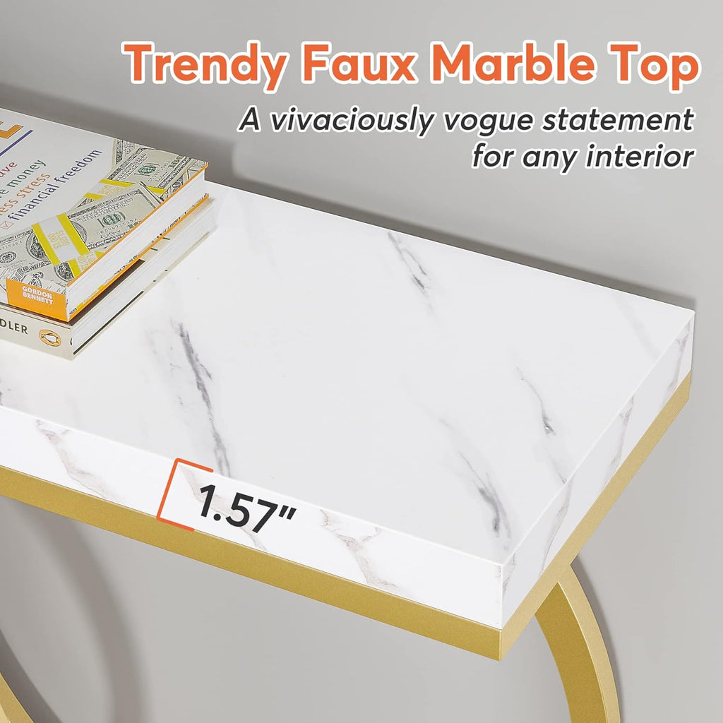 Gold Console Table, 55 inch Modern Entryway Table with Geometric Metal Frame, Faux Marble Narrow Long Sofa Table