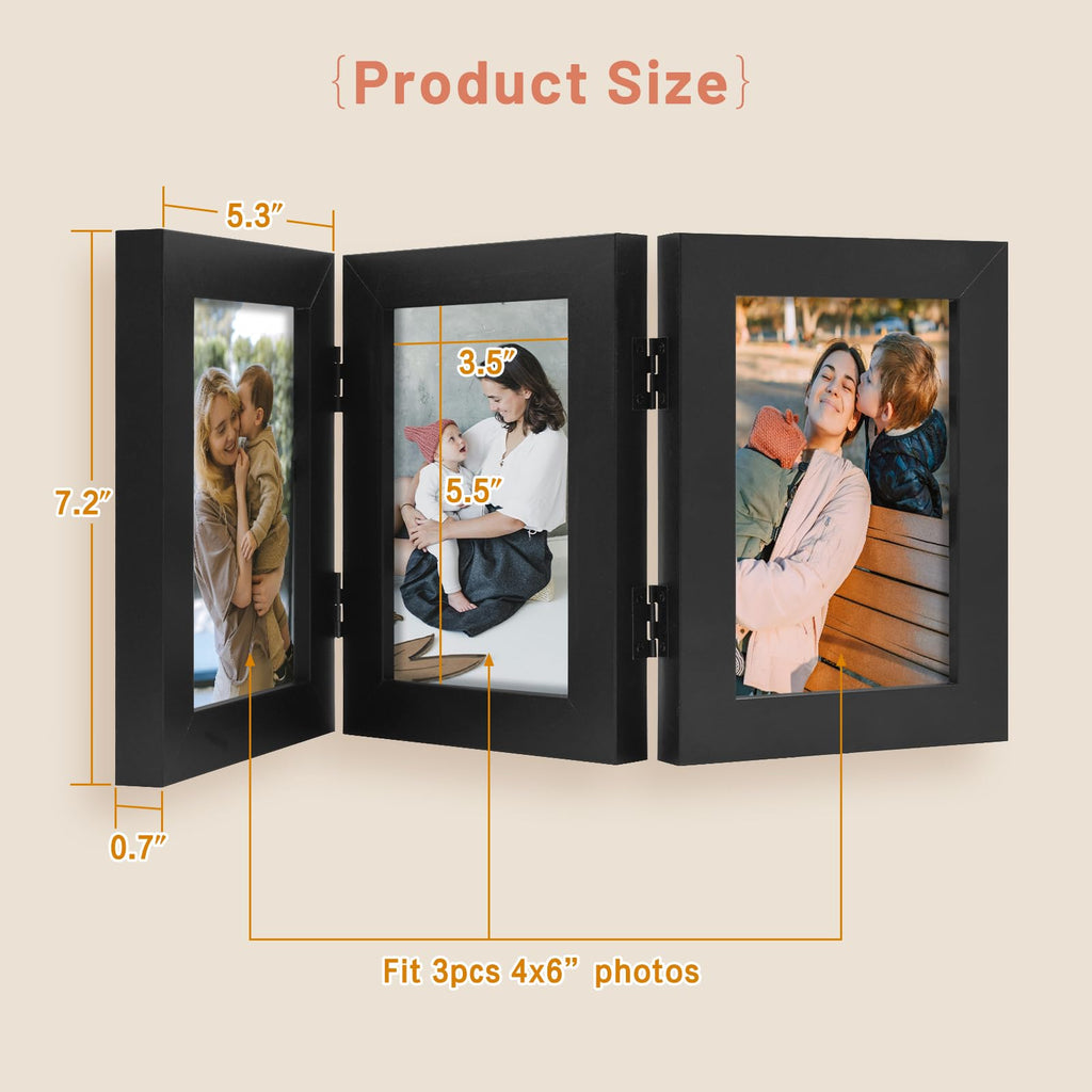 4x6 Triple Picture Frame, 3 Photo Hinged Tabletop Frame