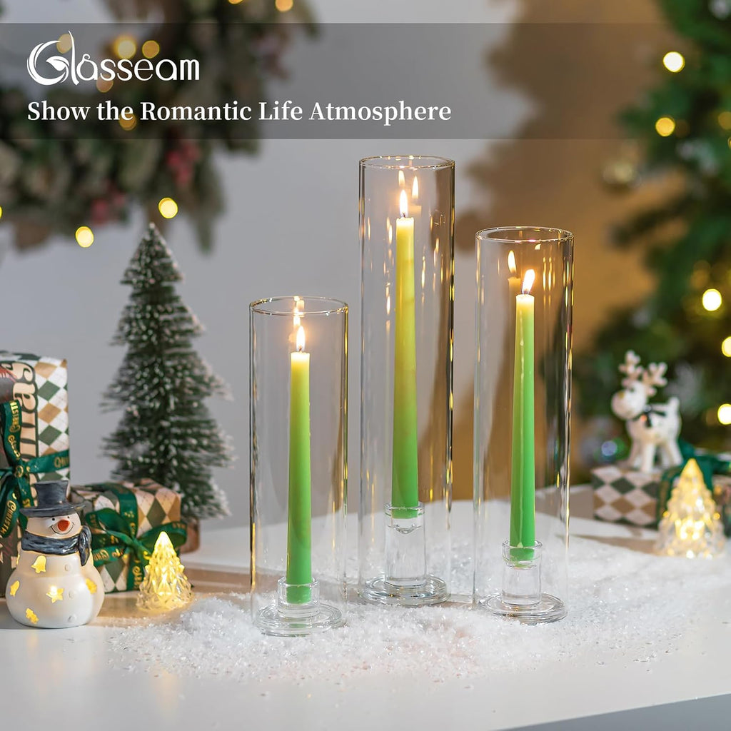 Hurricane Candlestick Holders: 12 Pcs Glass Taper with Cylinder - Set of 12