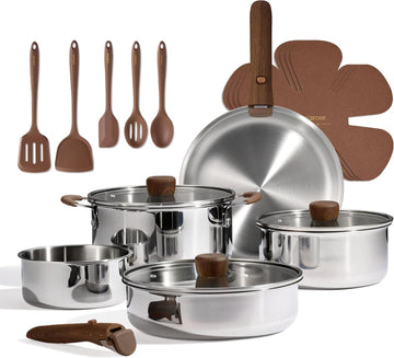 19pcs Tri-Ply Stainless Steel Cookware Set with Detachable Handle | Pots and Pans Set, Even Heating, Non-Toxic