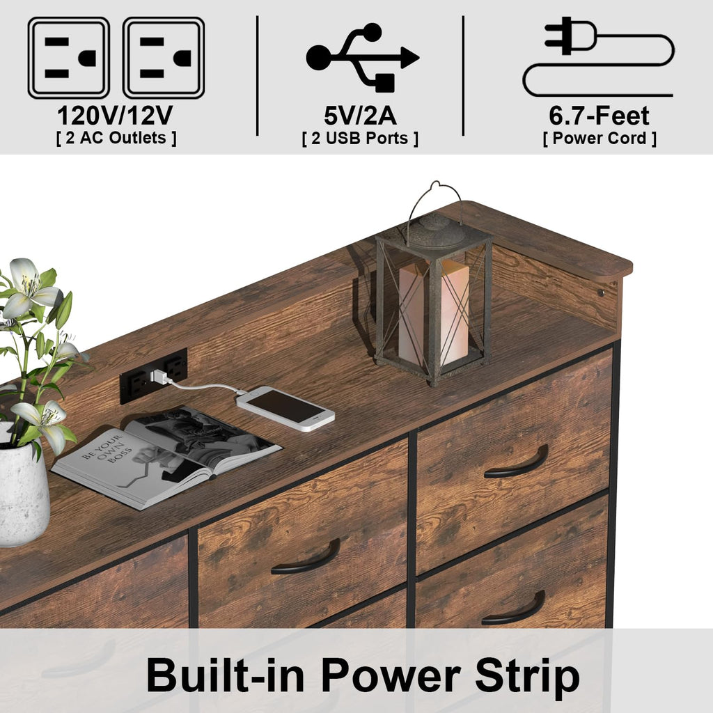 Industrial with Charging Station and LED Light Fabric Storage with 9 Fabric Drawers Chest of Drawers for Closet