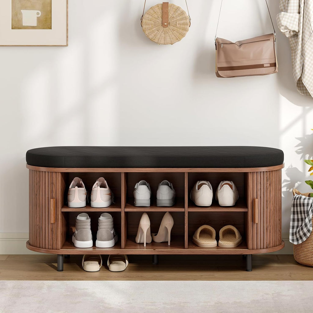 43" Shoe Bench with Storage, Fluted Shoe Storage Bench with Cushion, Sliding Door and Adjustable Shelf, , Walnut