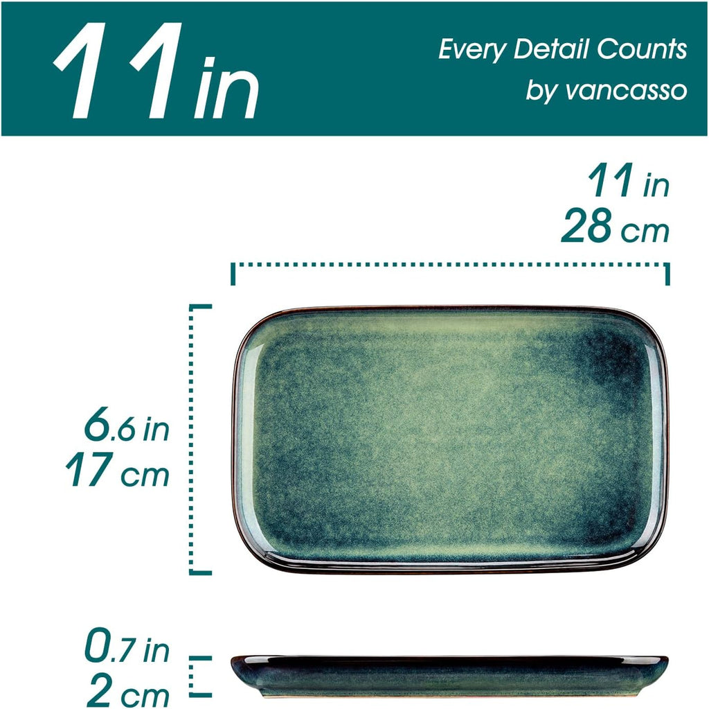 Stern Serving Platters Set of 4, 11 Inches Rectangular Ceramic Serving Plates, Green Serving Trays for Entertaining