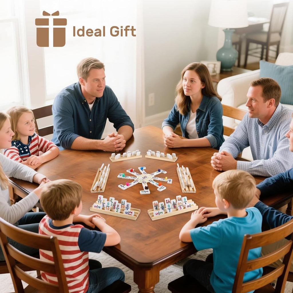 Mexican Train Dominoes Set with Numbers and 8 Wooden Trays/Racks, Double 12 Dominos Travel Set with 8 Tiles Holders