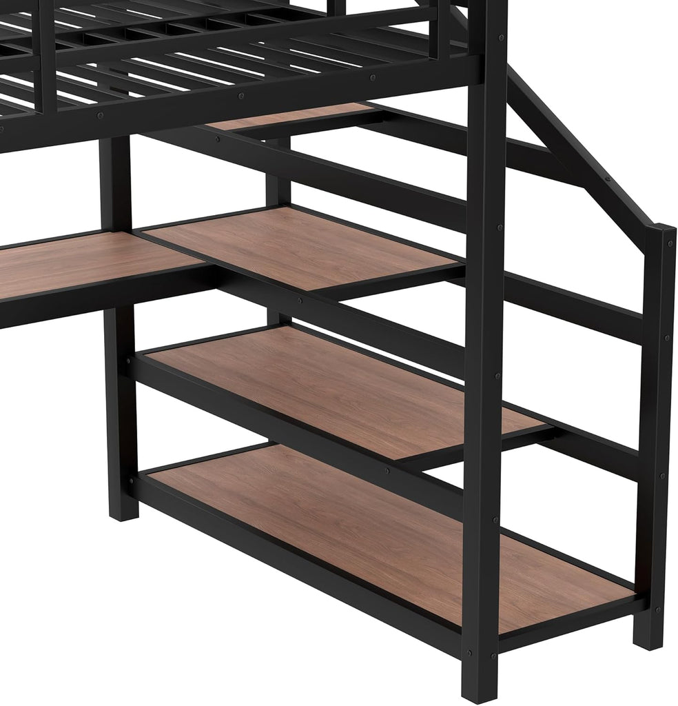 Metal Full Loft Bed with Desk and Storage Stairs,Heavy Duty Loft Bed Frame Full with LED Lights and Charging Station