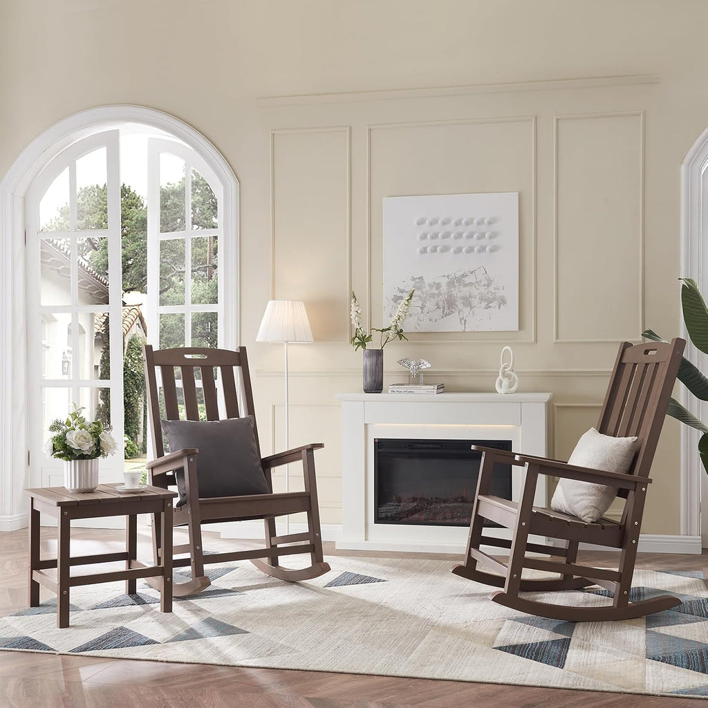 Outdoor Rocking Chairs Set of 2, Oversized Porch Rocker (Brown) | Weather Resistant Rocking Chairs with High Back