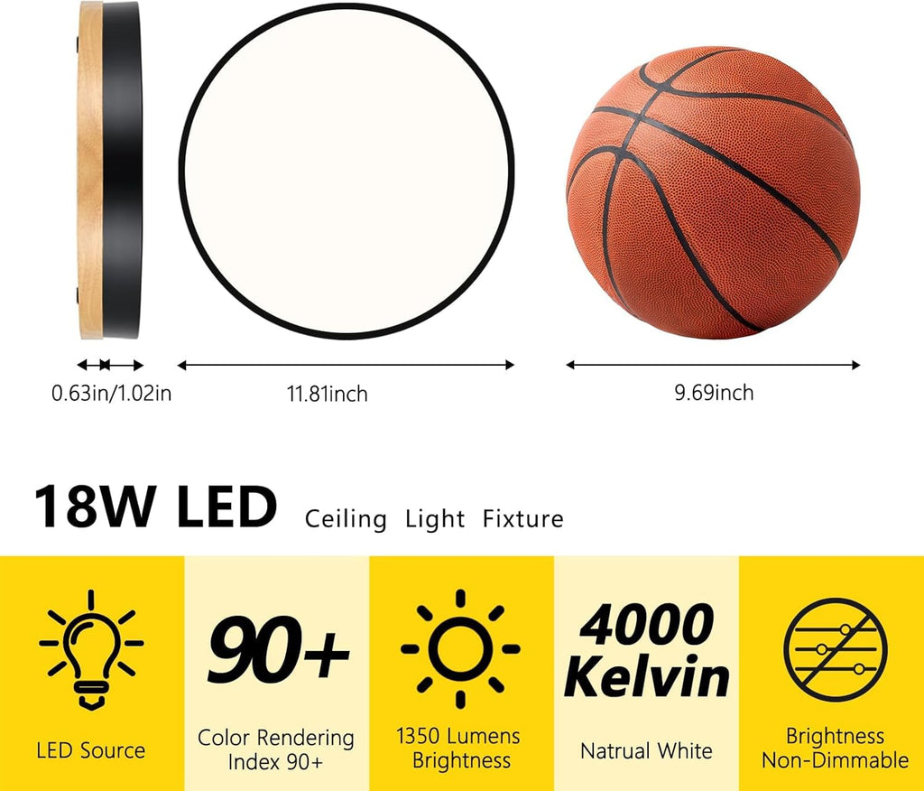 Modern Wood Black Flush Mount Ceiling Light, 11.81" Round LED Low Profile Close to Ceiling Fixture Bedroom Bathroom