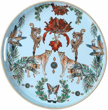 Round Decorative Tray, Marbling Plastic with Handles, Modern Vanity and Serving for Ottoman, Coffee Table, Kitchen
