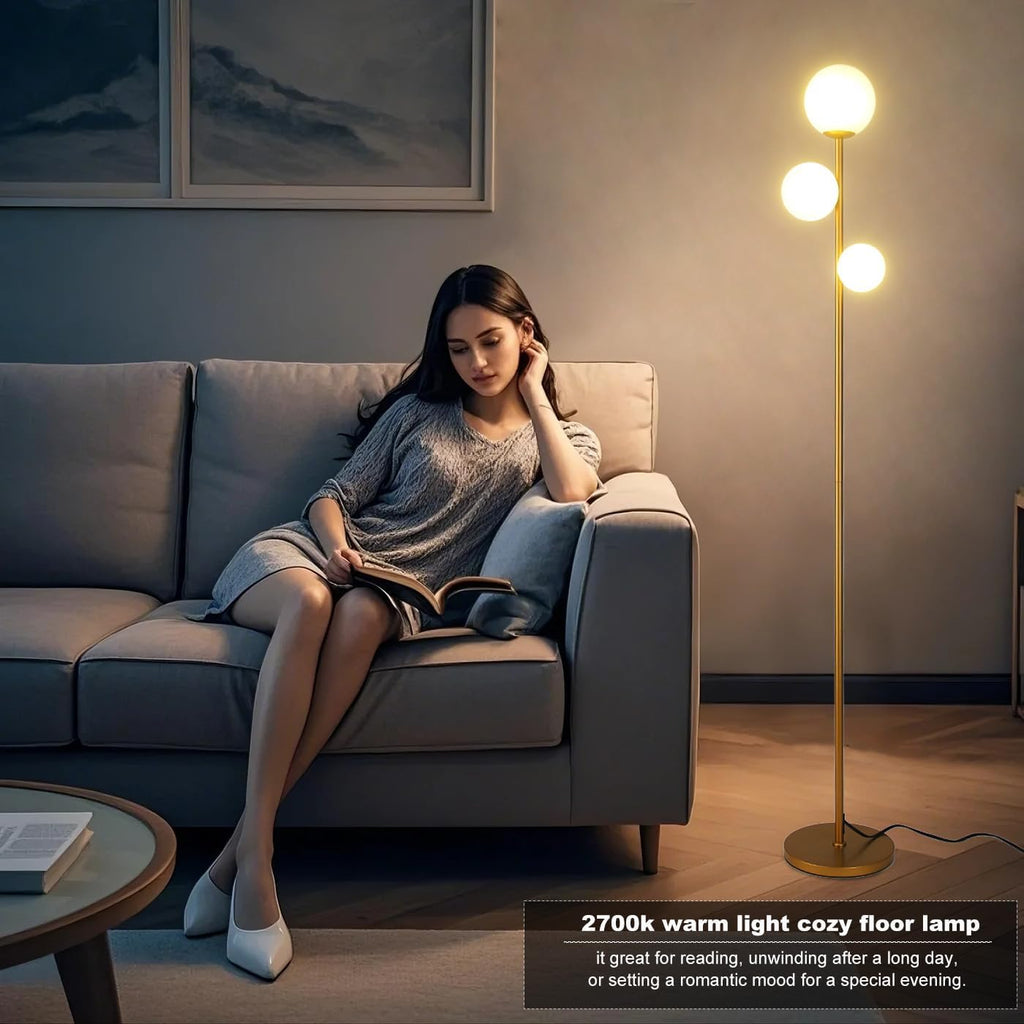 3 Globe Floor Lamp Mid Century Modern, Gold Standing Lamp with Frosted Glass Shade & LED Bulbs