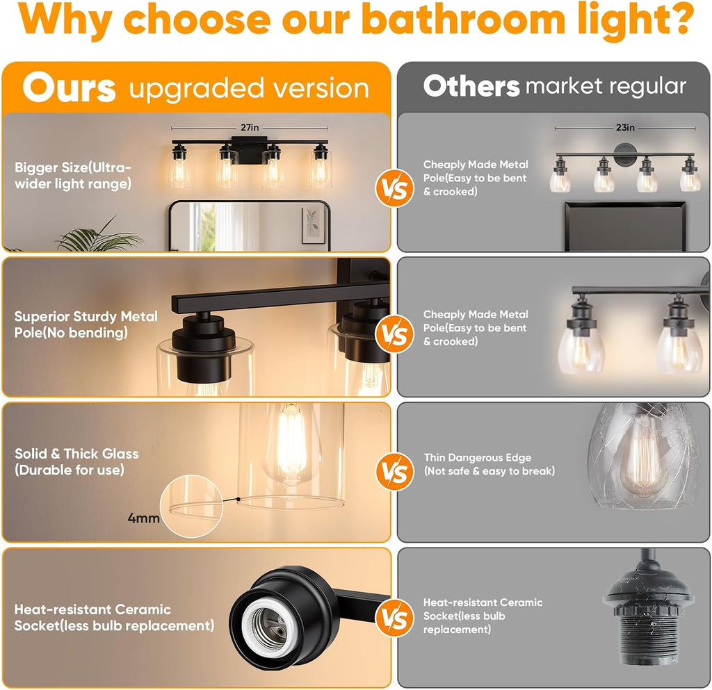 Black 4 Lights Bathroom Light Fixtures Over Mirror 27 Inches | Modern Vanity Lights Over Mirror with Clear Glass