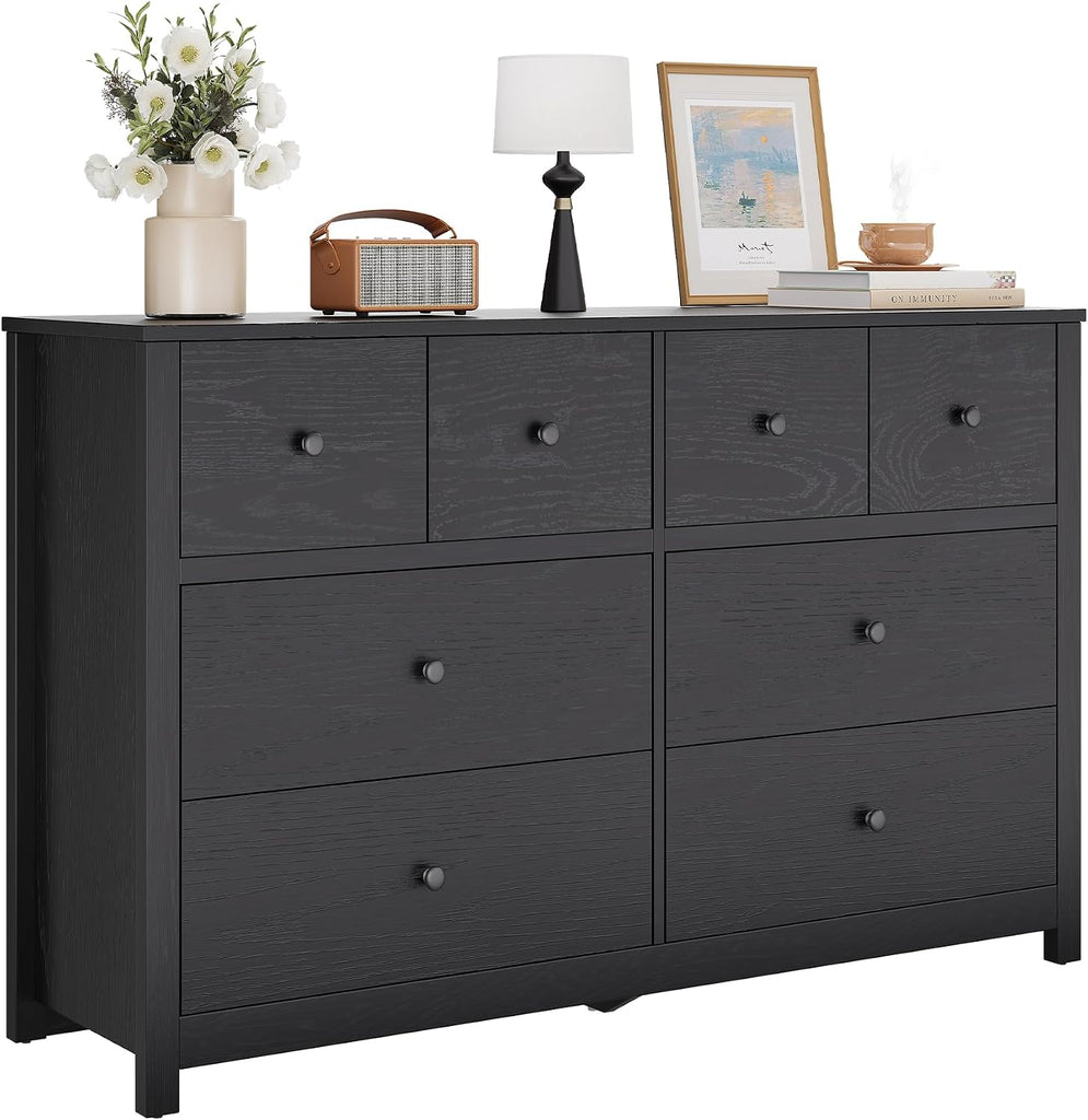 Black 8 Drawer Dresser, Large Modern Dresser for Closet, Bedroom | Storage Chest with Large Drawers & Wide Top