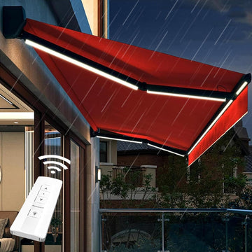 Retractable Patio Awning, Fully Assembled Motorized LED Sunshade Waterproof UV Protection, Large Canopy for Window