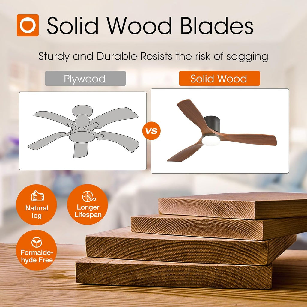 52 inch Ceiling Fans with Lights, Low Profile Ceiling Fan with Light and Remote Control, Flush Mount, Reversible, 3 Wood Blades, 5CCT Dimmable, Black Walnut Ceiling Fan for Indoor/Outdoor Use