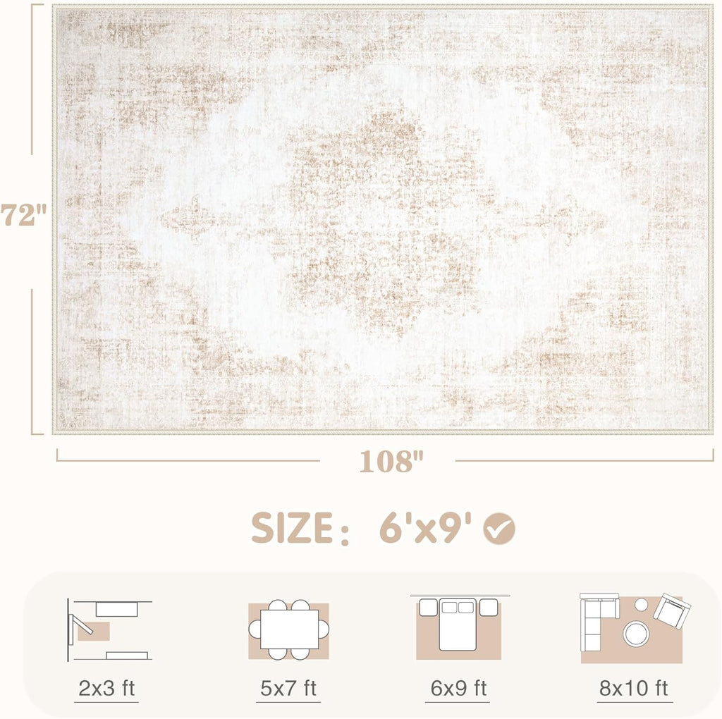 Area Rug 6x9 Vintage Rug: Washable Living Room Rugs Retro Medallion Distressed Large Rugs Soft Low Pile Non-Slip