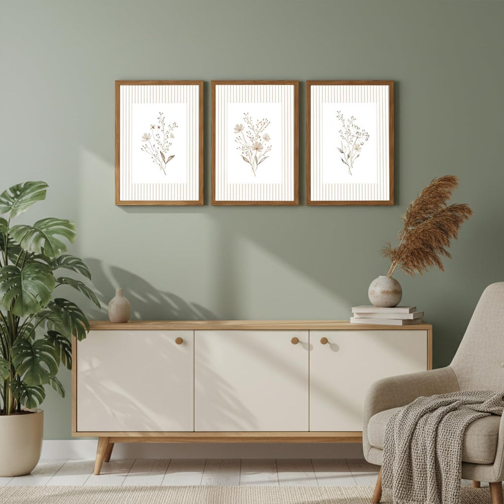 Neutral Wildflower Wall Art Set of 3, Vintage Flower Botanical Wall Decor Canvas Prints Pictures, Rustic Cottagecore
