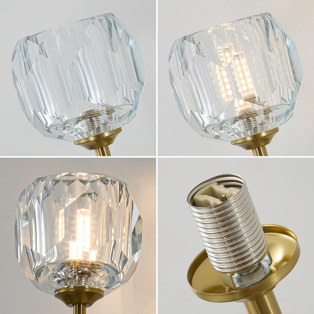 Gold Crystal Wall Sconces Set of Two with G9 Bulbs, Mid Century Modern Diamond Light Brass Vintage Long Lighting