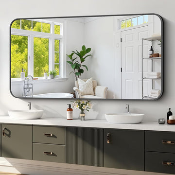 Black Framed Bathroom Mirror - 30x60 Inch Shatterproof Tempered Glass Vanity Mirror Sink, Wall Mounted with Matte