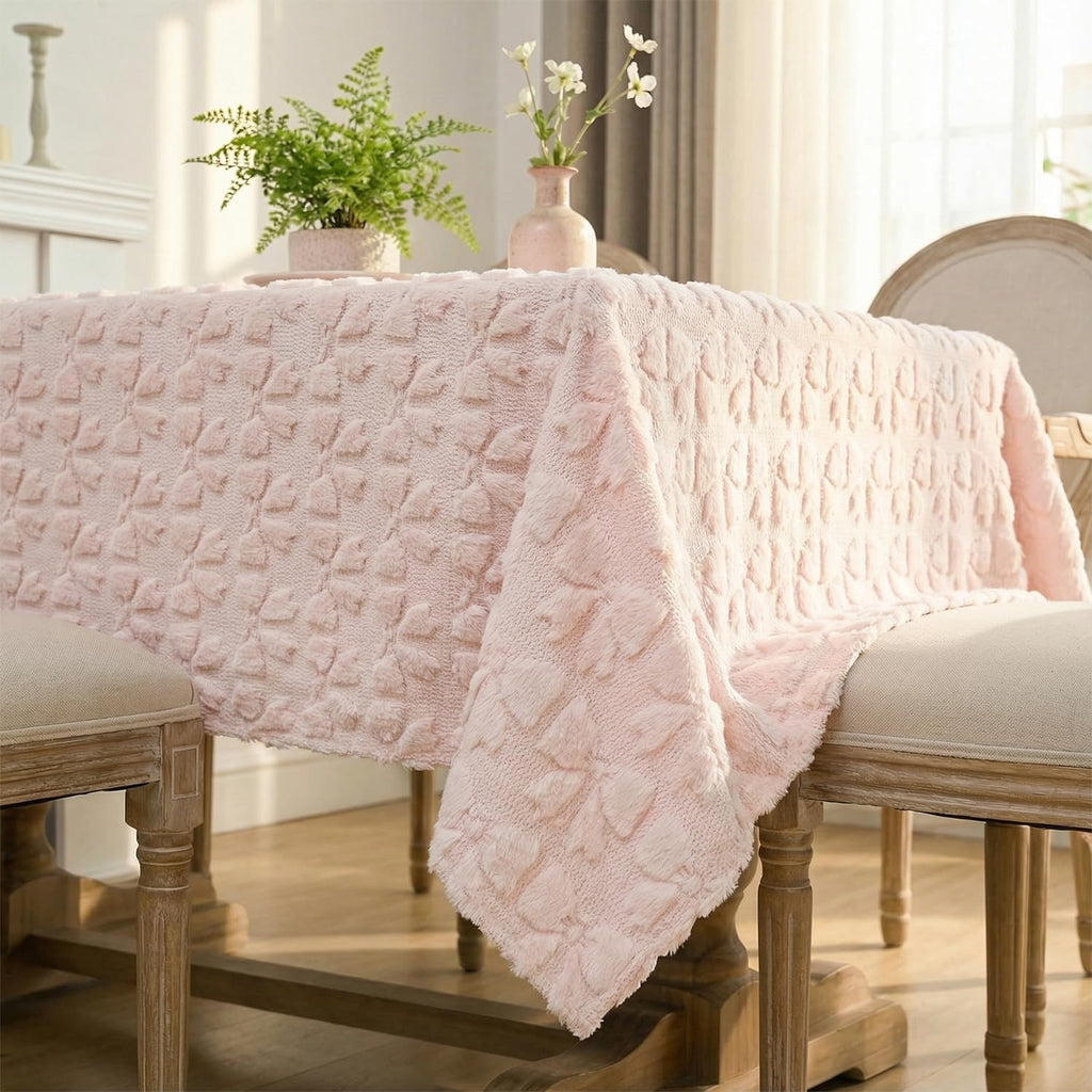 Bow Tablecloth 60×84 Inch Rectangular, Pink Soft Plush Faux Fur Jacquard Bow Table Cover, Seasonal D