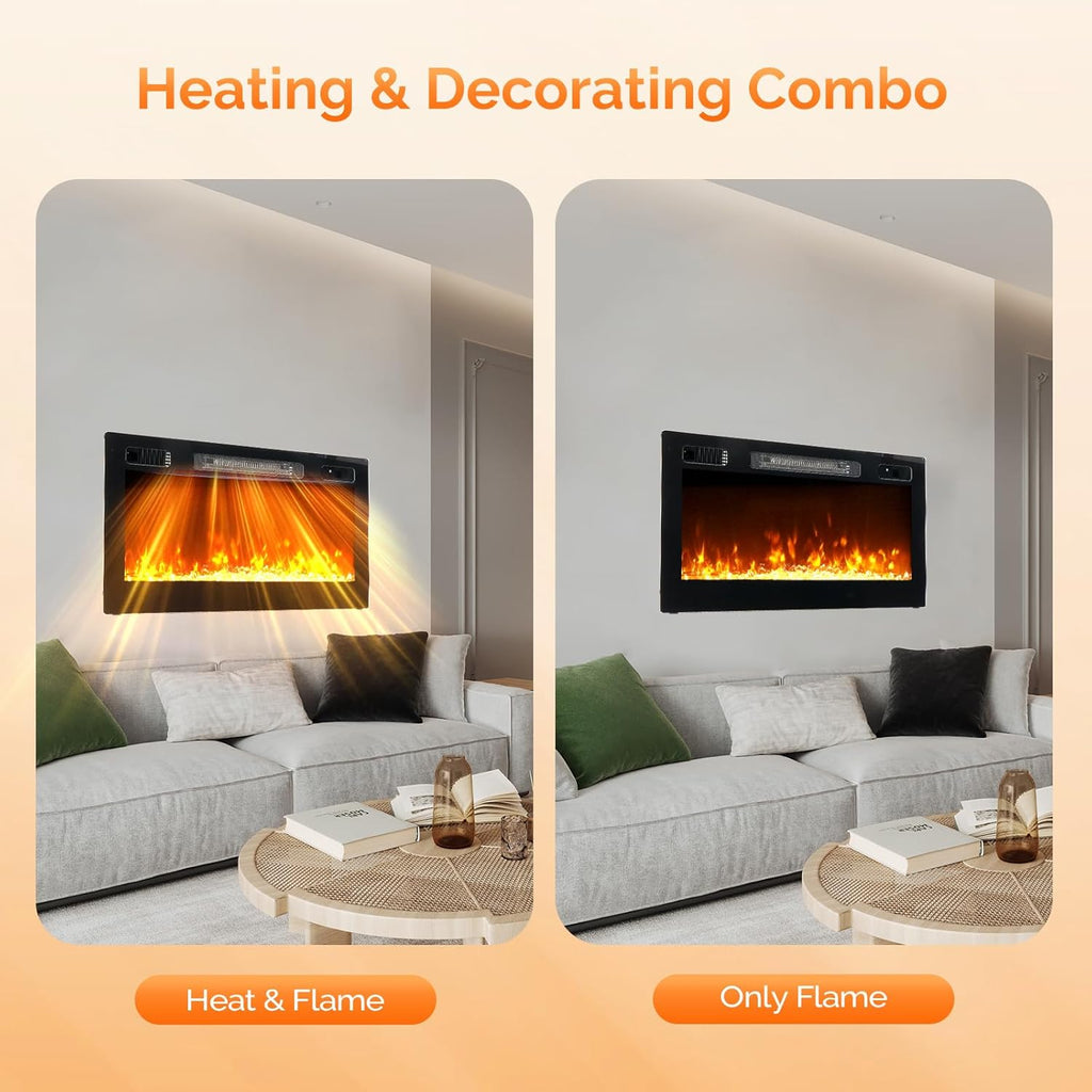 30 Inch Electric Fireplace with Remote Control, 1500W Wall Mounted & Recessed Fireplace with 12H Timer