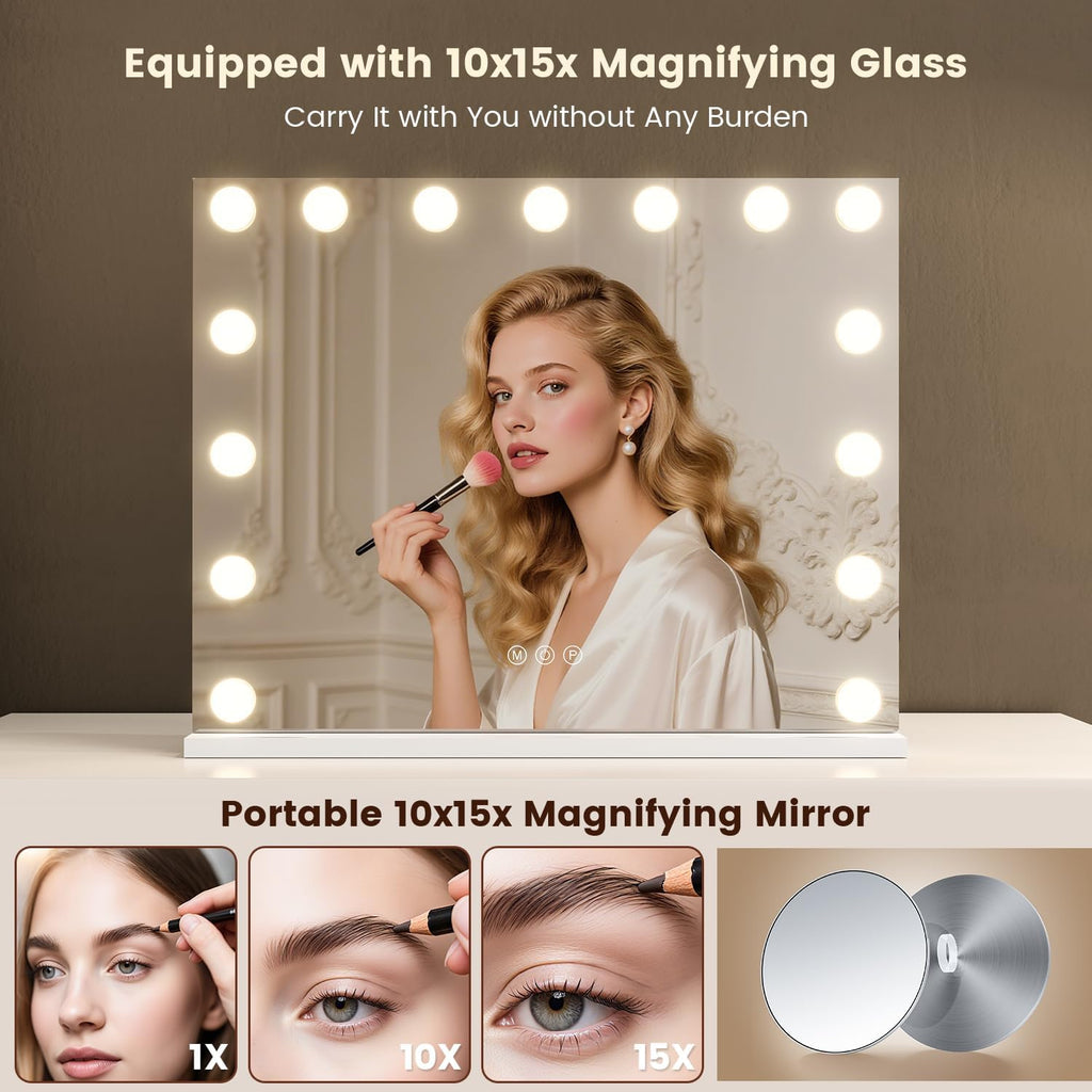 Hollywood Vanity Mirror with 10X/15X Magnification and Lights, USB/Type-C Port Makeup Mirror with 15 Dimmable LED