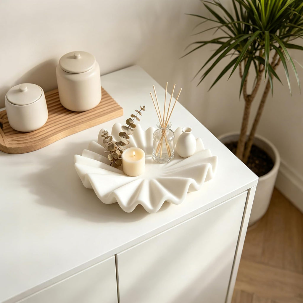 10 Inch Decorative Bowl, White Marble Style Centerpiece | Ruffled Wavy Tray Decor for Modern Home Coffee Table