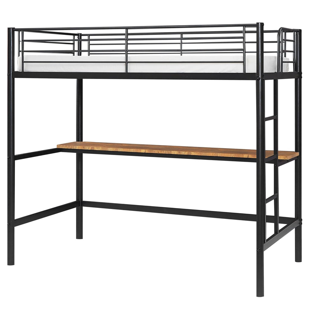Metal Loft Bed Twin with Desk, Heavy Duty Bedframe with Removable Ladder and Safety Guardrail, Space-Saving