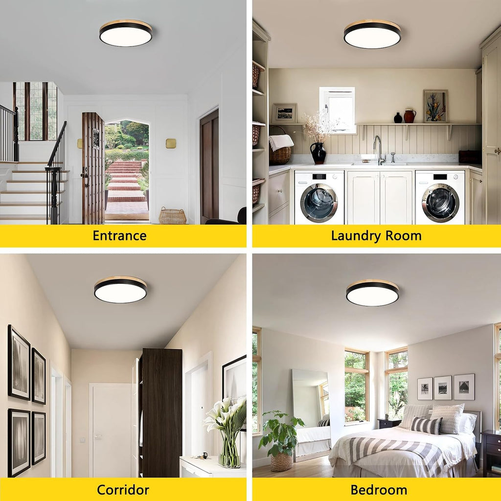 Modern Wood Black Flush Mount Ceiling Light, 11.81" Round LED Low Profile Close to Ceiling Fixture Bedroom Bathroom