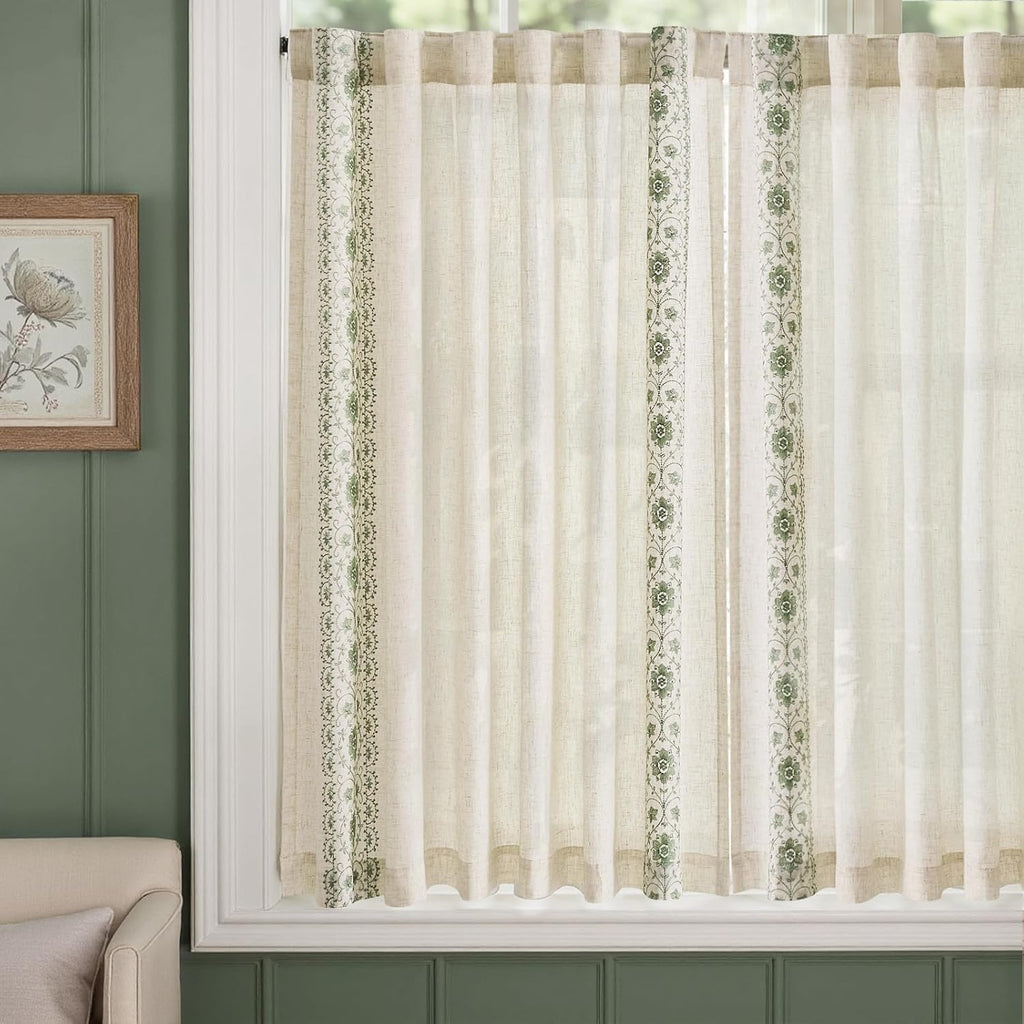 Small Window Curtains Linen Cafe Curtains for Kitchen Bathroom Bordered Floral Embroidered Short