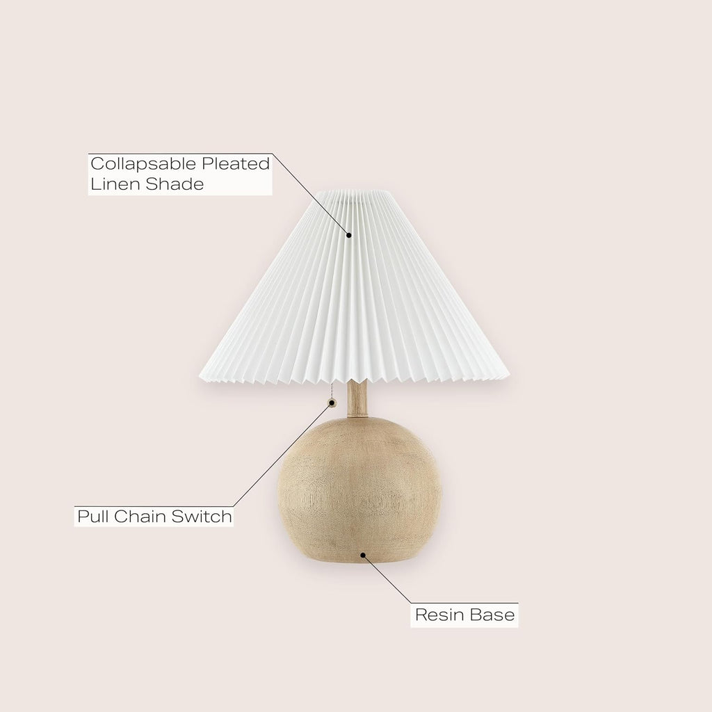 17.25" Beige Wood Finish/White Sphere Table Lamp, Mid-Century Bedside Nightstand with Beige Pleated Linen Shade