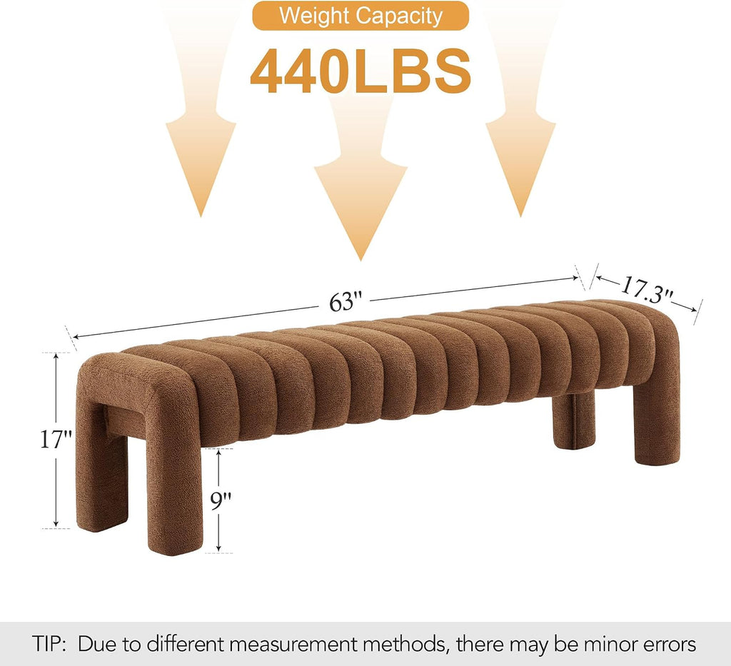 63" Upholstered Boucle Bench, Rust Brown | Padded King Size Long Ottoman, Sherpa Window Seat, Bedroom, Living Room