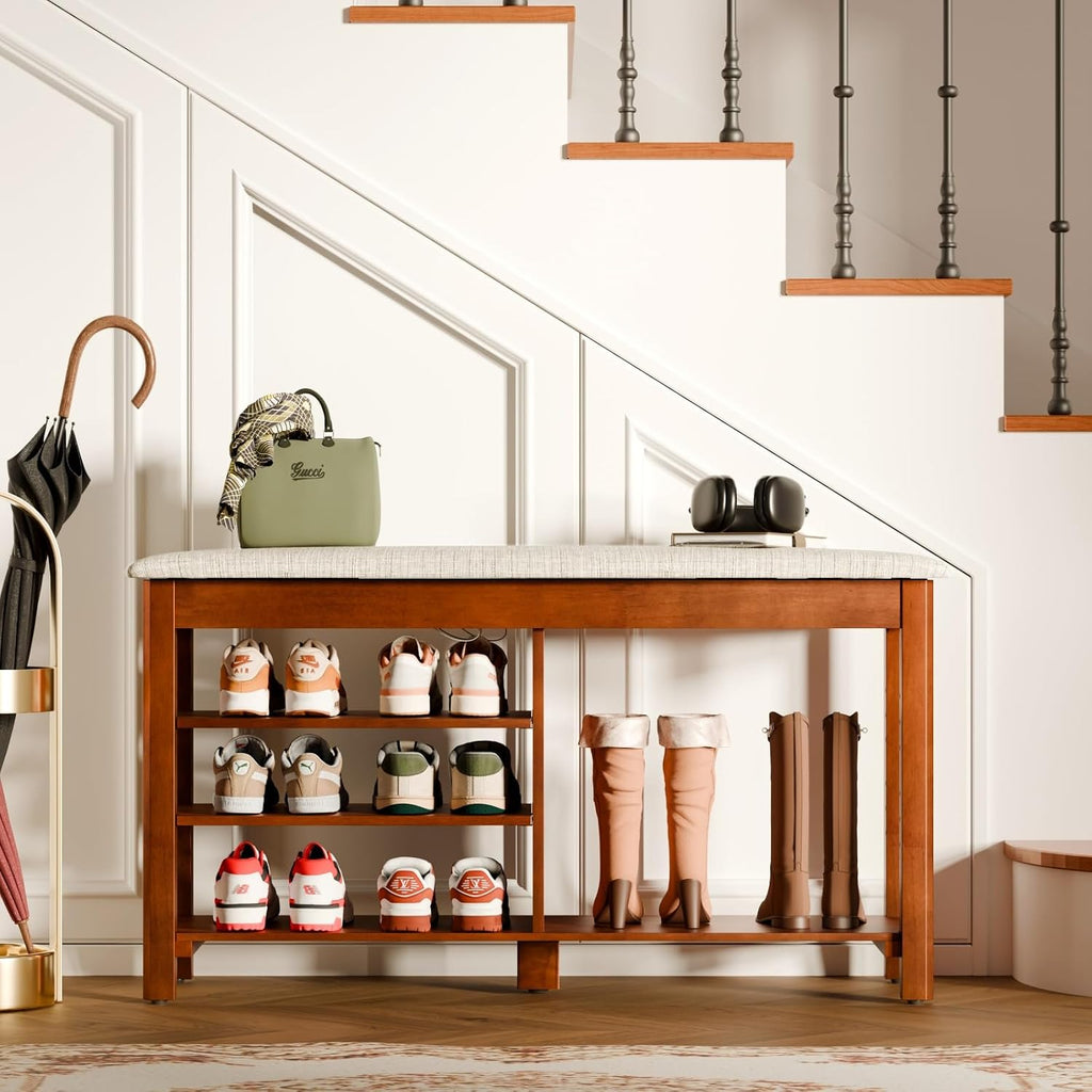 Shoe Rack Bench with Flip-Top Storage, Solid Wood Entryway Bench with Cushion, Adjustable Shelf, Shoe Organizer for