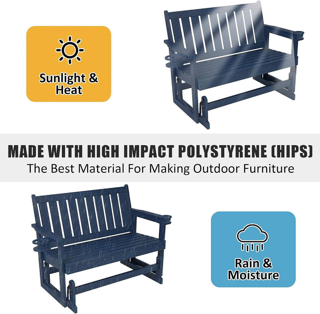 Poly Lumber Patio Glider, HIPS Material Weather-Resistant Swing Bench for Outdoor Porch Garden (Navy Blue, 2-Seater)